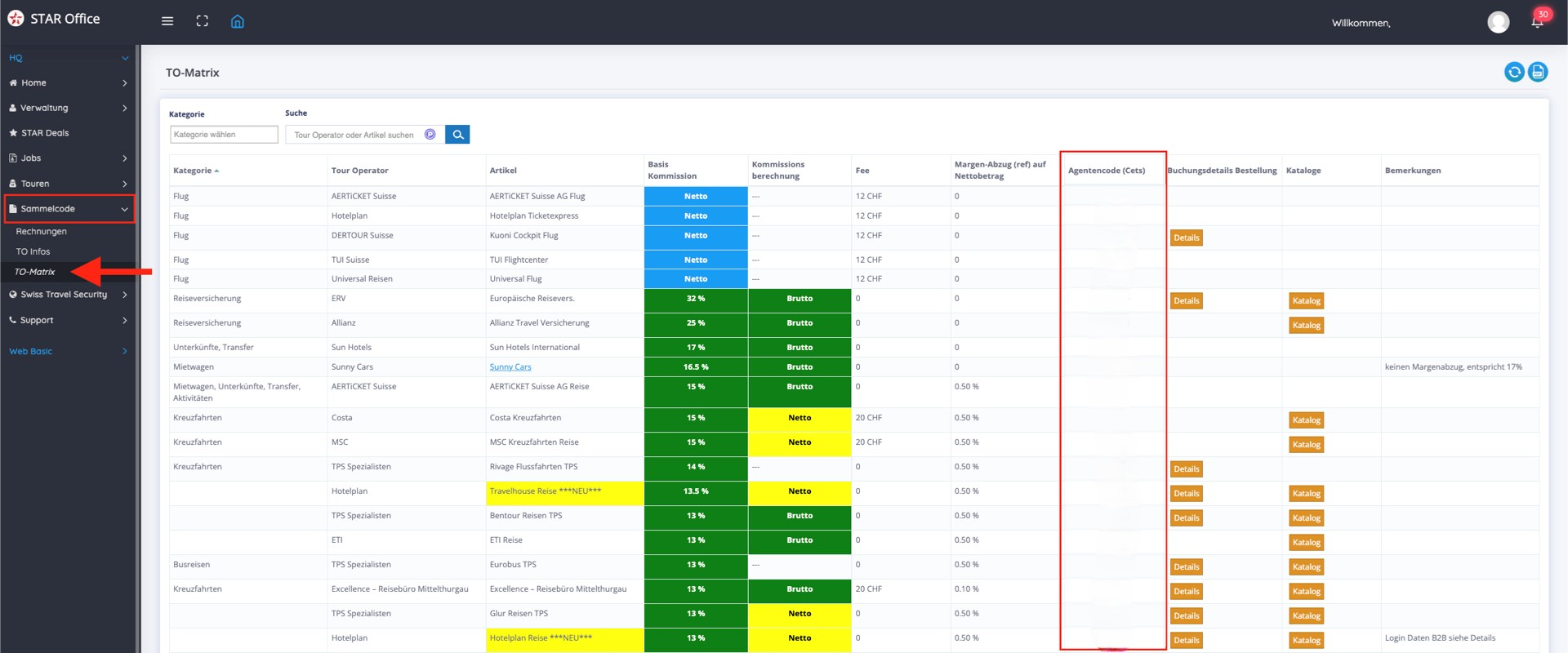 Agentencode und STAR ID in der TO-Matrix